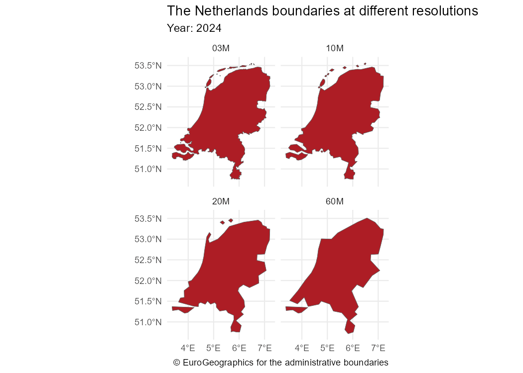 The Netherlands boundaries at different resolutions