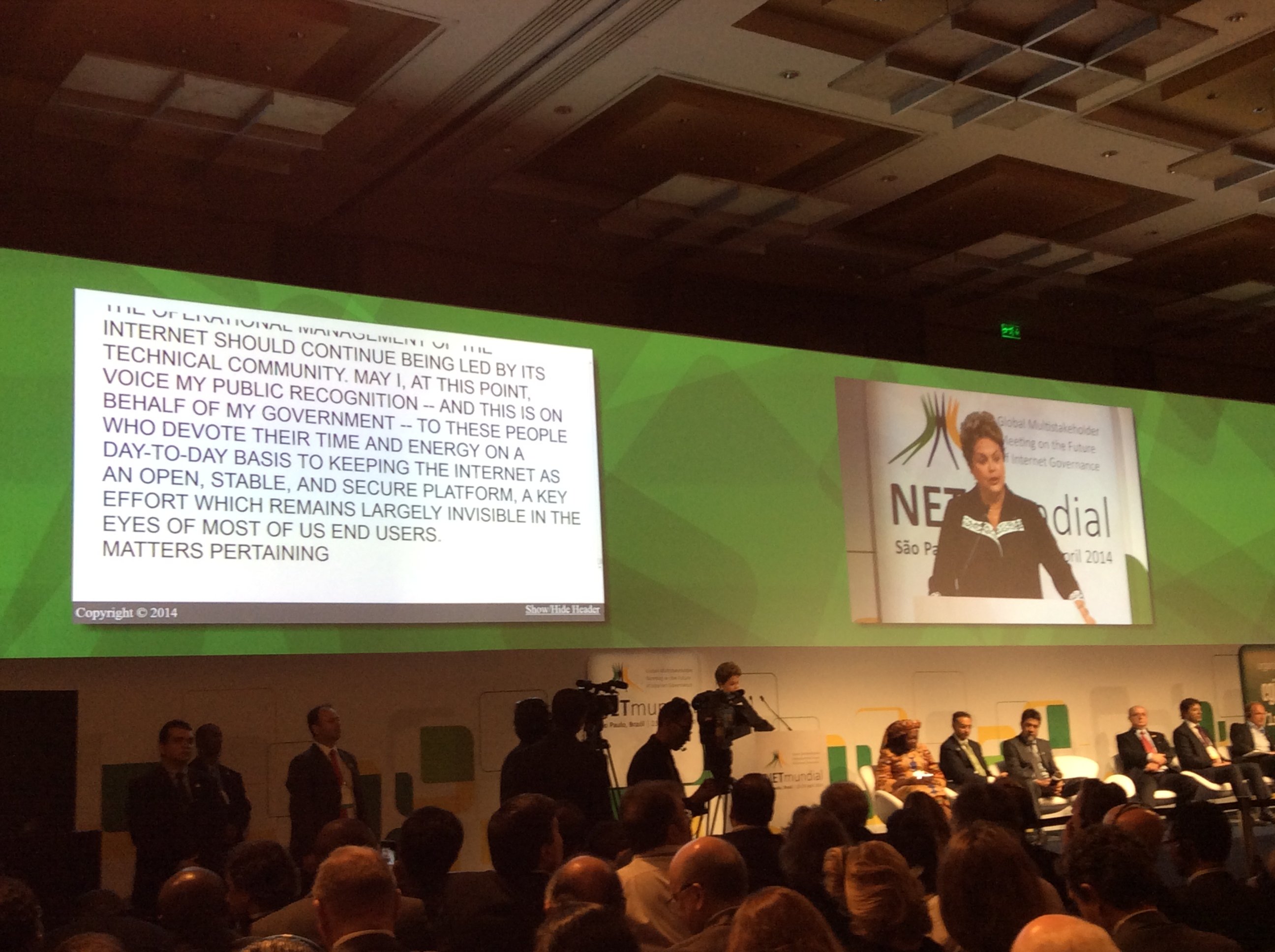 Brazilian President Dilma Rousseff addresses the NETmundial conference.