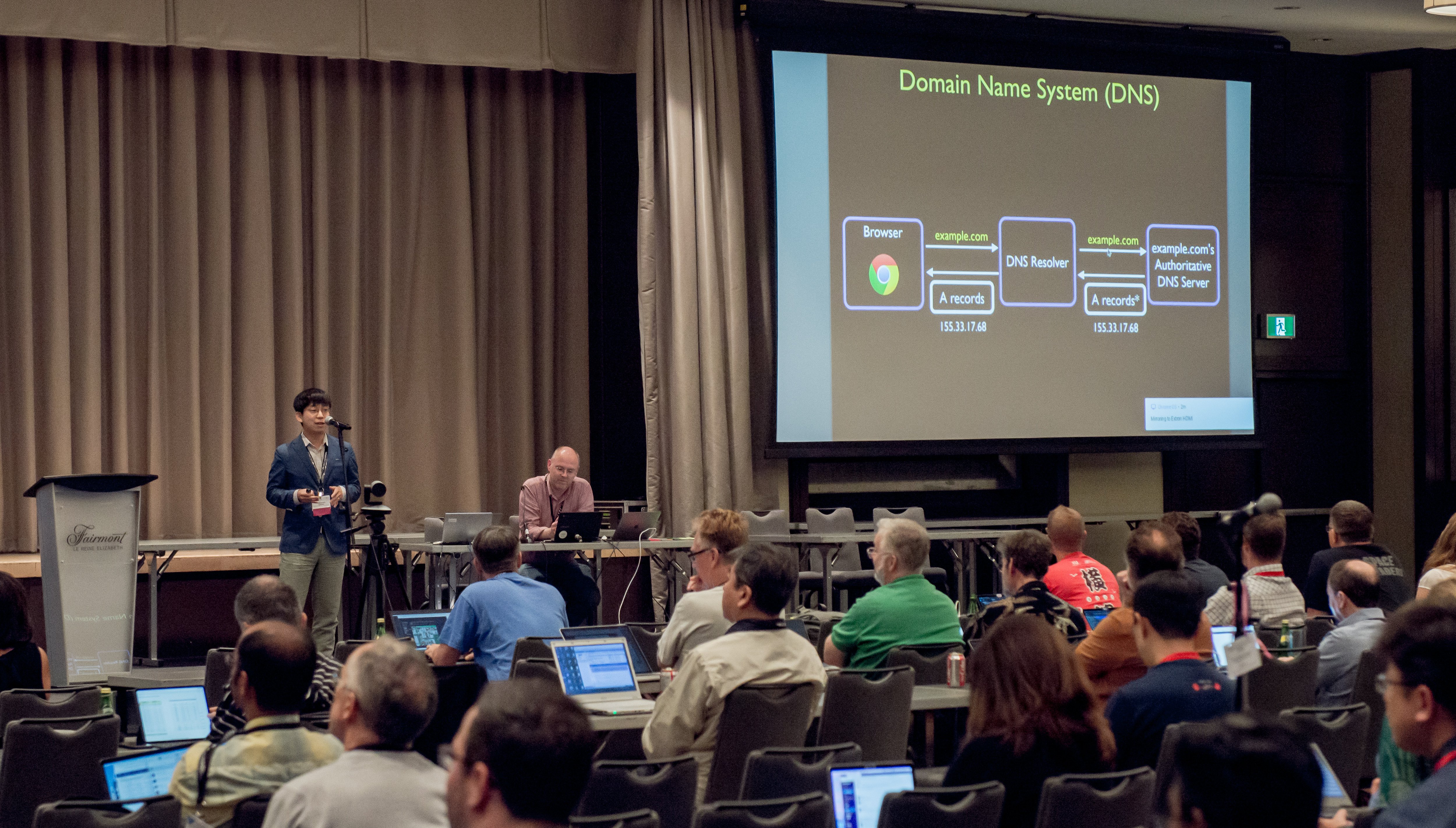 ANRP awardee Taejoong Chung presents the role of registrars in Domain Name System security during the IRTF Open session at IETF 105.